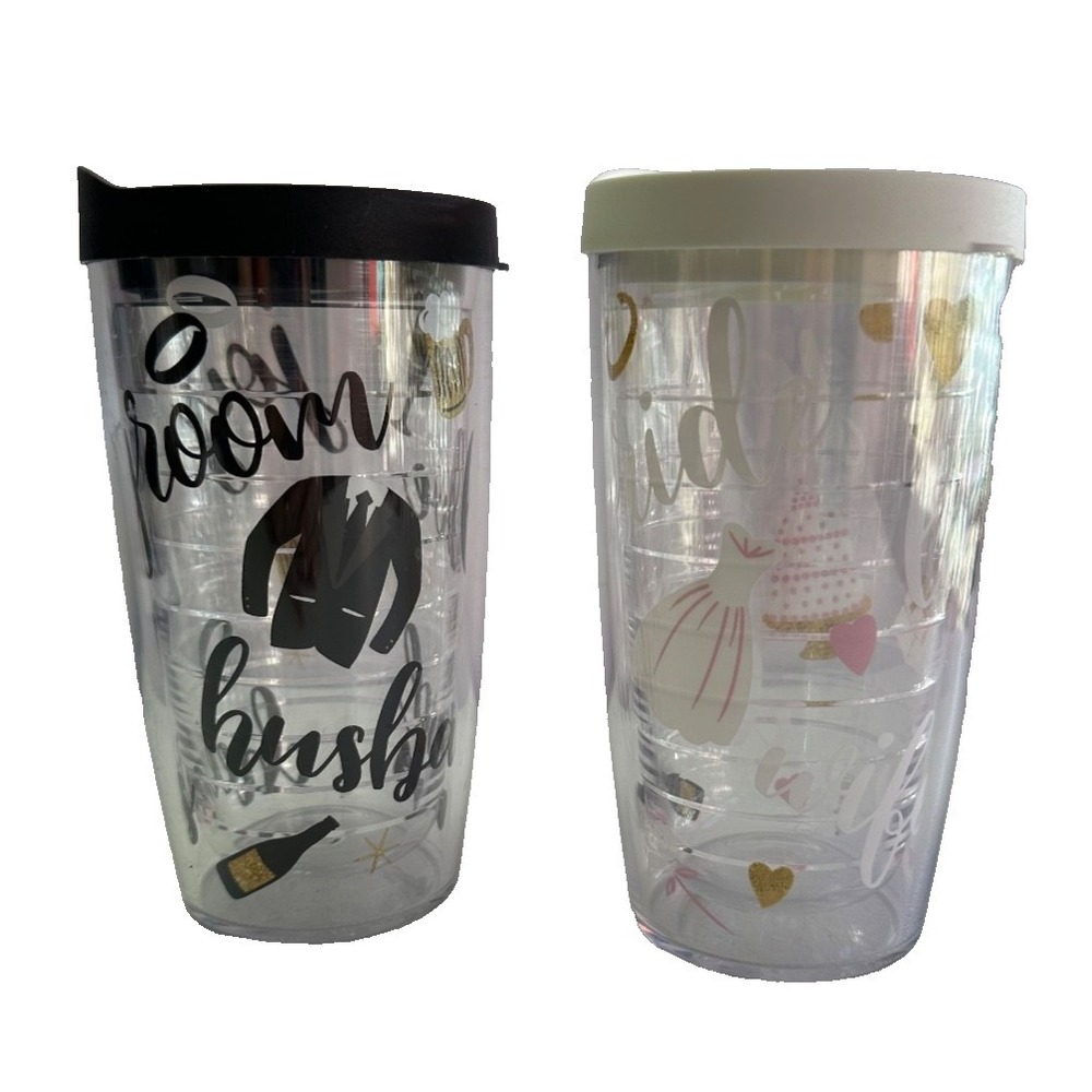 Tervis Tumbler 16 oz Bride Groom Set Wedding Gown Cake Tux Glasses Insulated Lid